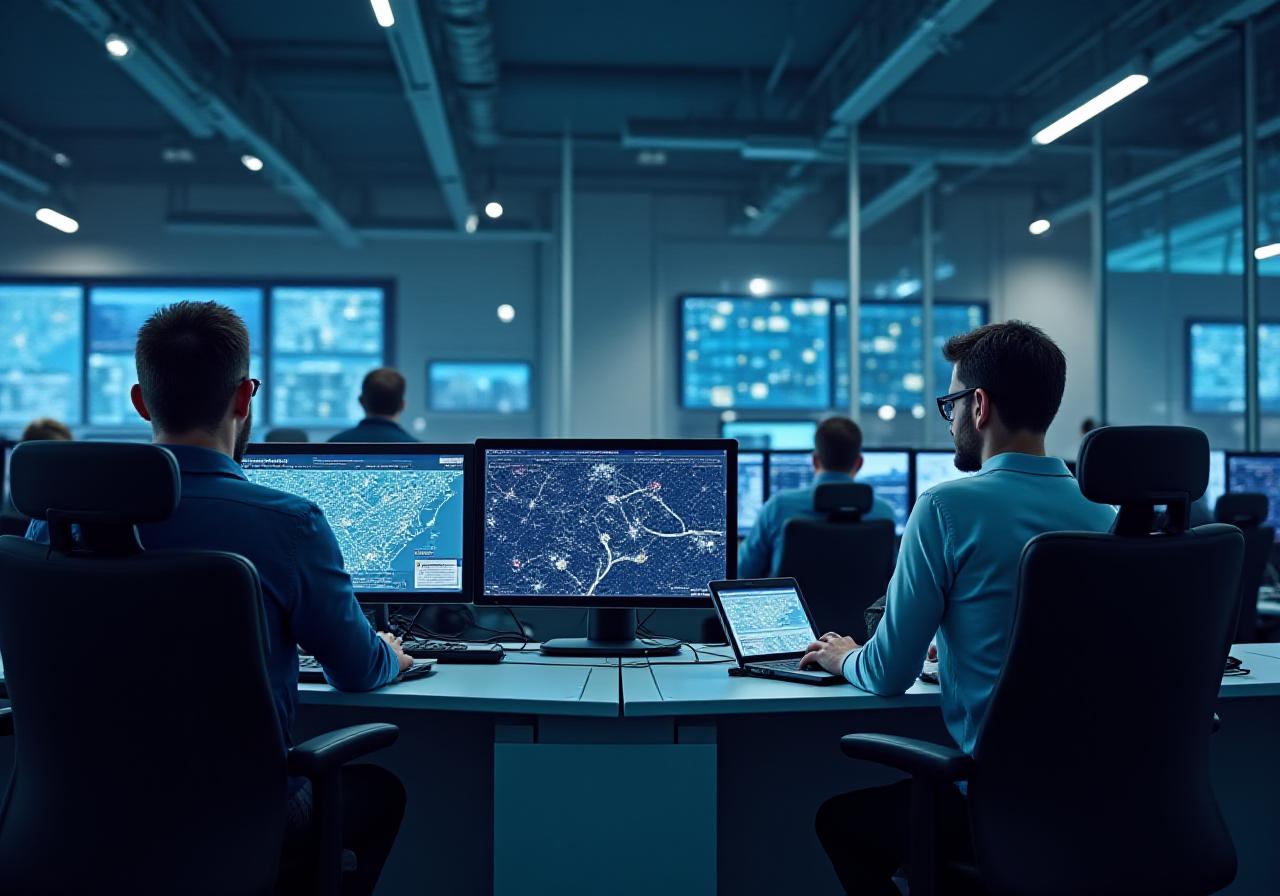 Modern logistics dispatch operations center showing large tracking screens and team members